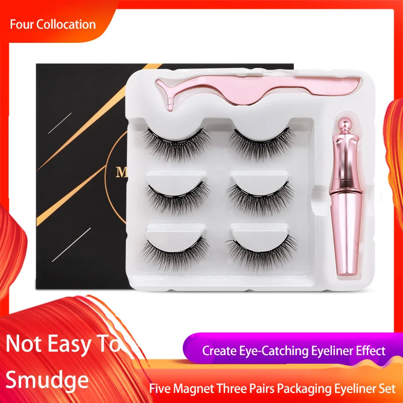 Magnet Lashes Magnetic Eyelashes 3D False Mink Eyelashes Magnetic Reusable Liquid Eyeliner&Magnetic False Eyelashes &Tweezer Set